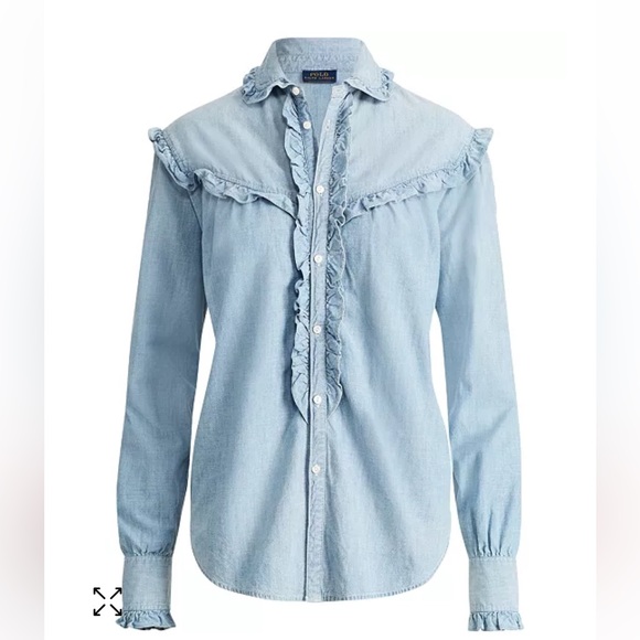 POLO RALPH LAUREN Ruffle-Trim Denim Cotton Shirt Size M - Picture 5 of 11